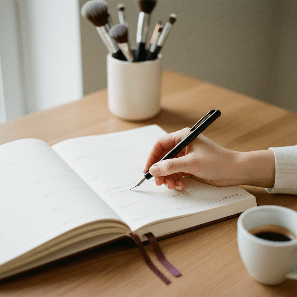 Main écrivant dans un agenda d'atelier beauté